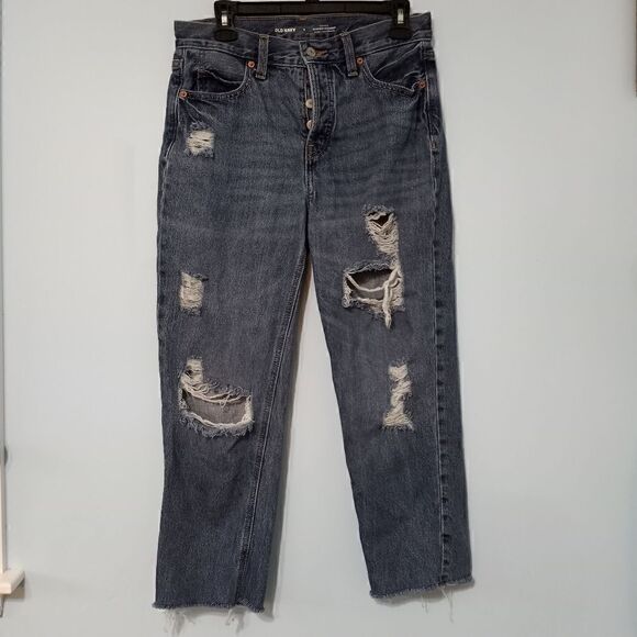 Old Navy Button Fly Distressed High Rise Slouchy Straight Leg Jeans Size 2 NWOT - Picture 5 of 12